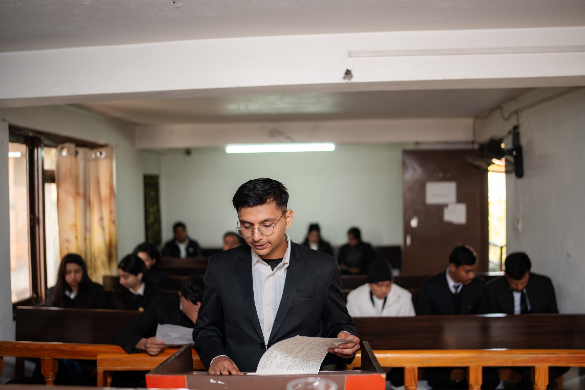 Students of the five-year B.A. LL.B. program are participating in trial advocacy.